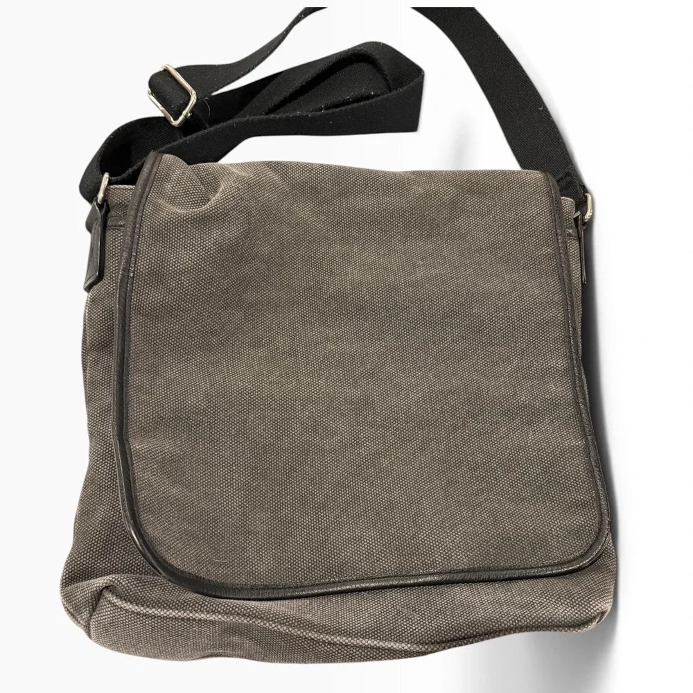 Levenger Gray Canvas Messenger Bag Black Leather Trim Vintage Early 2000s Y2K
